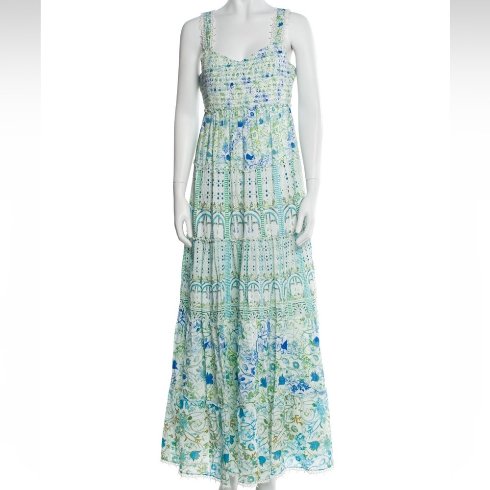 Rococo Sand Green and Blue Smocked Tiered Maxi Sundress